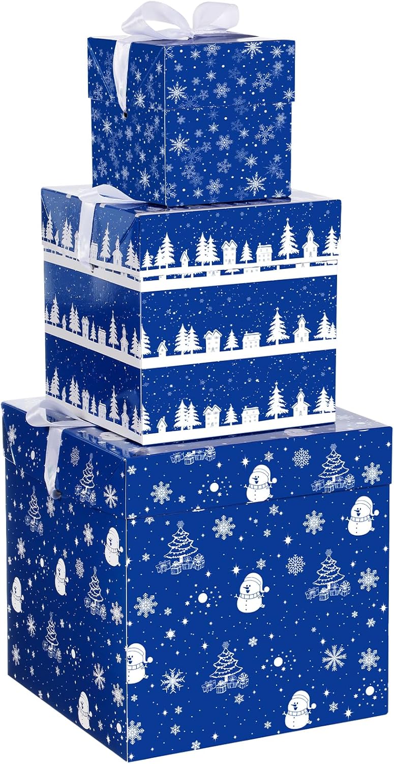 TecUnite 3 Pcs Christmas Stackable Nesting Gift Boxes Decorative Boxes with Lids for Present Wrapping Xmas New Year Holiday Party Xmas Tree Decor(Classic,Blue,White) - Image 1